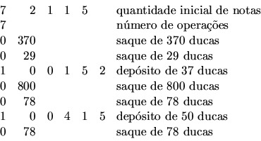 \begin{displaymath}
\begin{array}{rrrrrrl}
7 & 2 & 1 & 1 & 5 & & \mbox{quantidad...
...as}\\
0 & 78 & & & & & \mbox{saque de 78 ducas}
\end{array}
\end{displaymath}