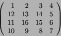 \begin{displaymath}
\left(
\begin{array}{rrrr}
1 & 2 & 3 & 4 \\
12&13 &14 & 5 \\
11&16 & 15& 6\\
10& 9 & 8 & 7 \\
\end{array}\right)
\end{displaymath}