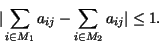 \begin{displaymath}\vert \sum_{i \in M_1} a_{ij} - \sum_{i \in M_2} a_{ij} \vert \leq 1. \end{displaymath}