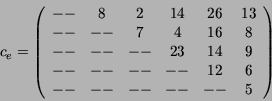 \begin{displaymath}
c_e =
\left( \begin{array}{cccccc}
-- & 8 & 2 & 14 & 26 & 1...
...& -- & 12 & 6 \\
-- & --& --& -- & -- & 5
\end{array}\right)
\end{displaymath}