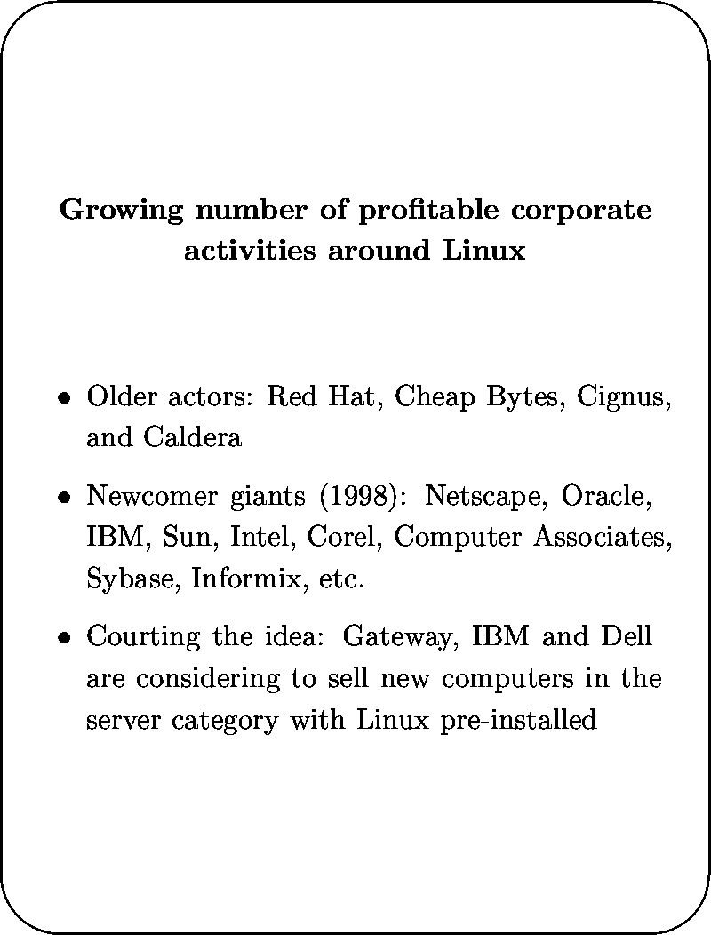 \begin{slide*}
\begin{center}
{\bf
Growing number of profitable corporate activi...
 ...uters in the server category with Linux pre-installed
 \end{itemize}\end{slide*}