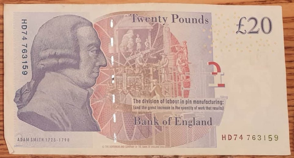 A 20 pounds bill figuring Adam Smith
