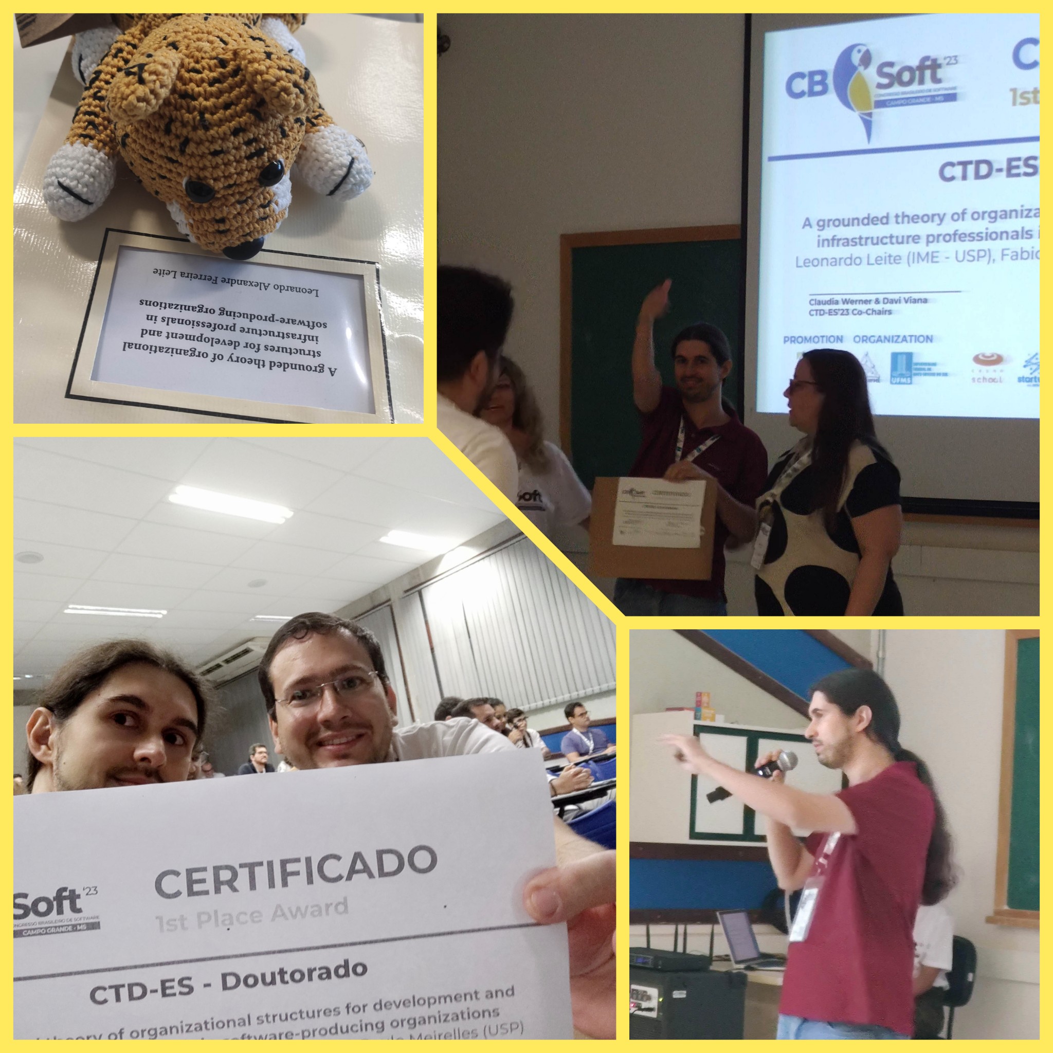 Scenes from CTD, including Leonardo presenting and an amigurumi Brazilian jaguar reading the award-winning thesis.
