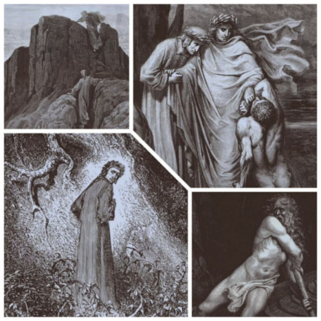 Dark scenes from the Divine Comedy: Dante in the forest; limbo boatman; in a river of hell; purgatory mountain. Black and white drawings.