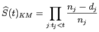 $\displaystyle \widehat{S}(t)_{KM} = \prod_{j: t_j <t} \dfrac{n_j - d_j}{n_j}$