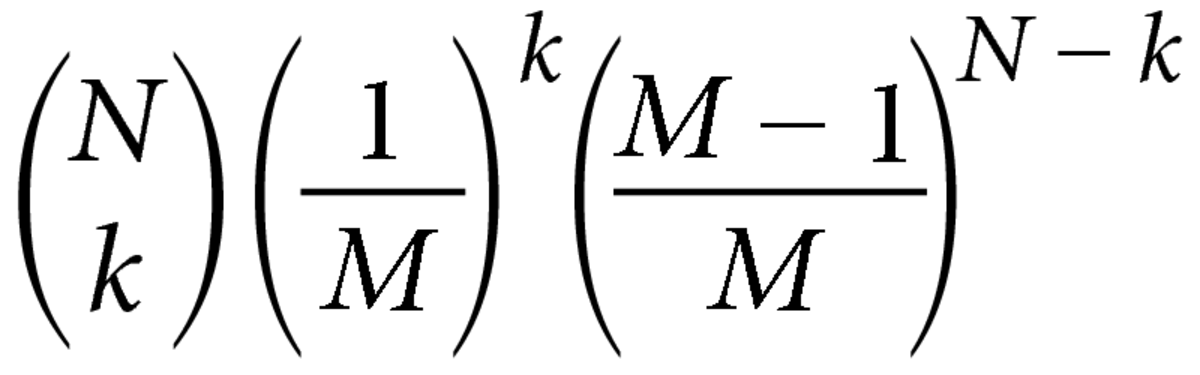 [(N choose k) (1/M)^k ((M-1)/M)^{N-k}]