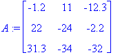 A := matrix([[-1.2, 11, -12.3], [22, -24, -2.2], [3...