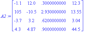A2 := matrix([[-1.1, 12.0, .3000000000, 12.3], [105...