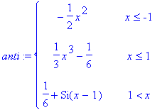 anti := PIECEWISE([-1/2*x^2, x <= -1],[1/3*x^3-1/6,...