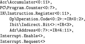 \begin{figure}
\begin{verbatim}Acc\Accumulator<0:11>,
PC\Program.Counter<0:7...
...>:=IR<4:11>,
Interrupt.Enable<>,
Interrupt.Request<>\end{verbatim}\end{figure}