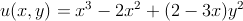 u(x, y) = x3-  2x2 + (2 - 3x)y2
