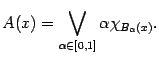 $\displaystyle A(x)= \bigvee_{\alpha \in [0,1]}\alpha
\chi_{B_{\alpha}(x)}.$